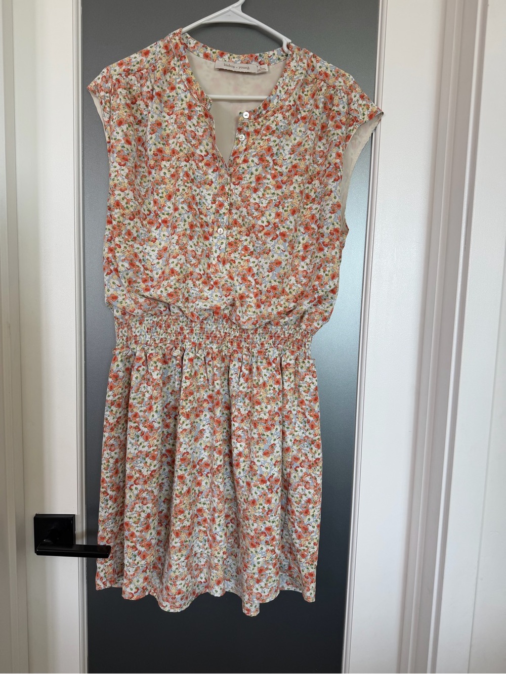 bishop + young Cream Floral Smocked Waist Dress with Orange & Pink Blossoms